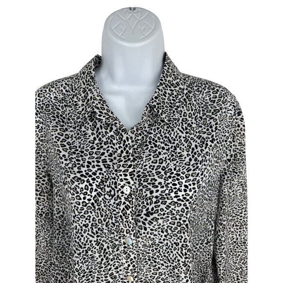 Chico's Leopard Print Button-Up Roll Tab Sleeve Tie Hem Blouse Womens Sz 1 US M - Picture 2 of 14